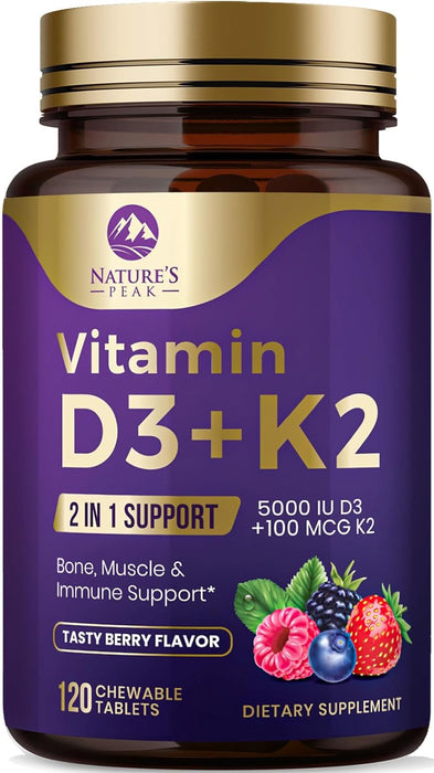 Nature's Peak D3 K2 Vitamin Supplement - 5000iu of D-3 & 100mcg of K2 as MK-7 Supports Calcium Absorption for Joints, Bones & Teeth Plus Immune Support - Non-GMO, Berry Flavor - 120 Count