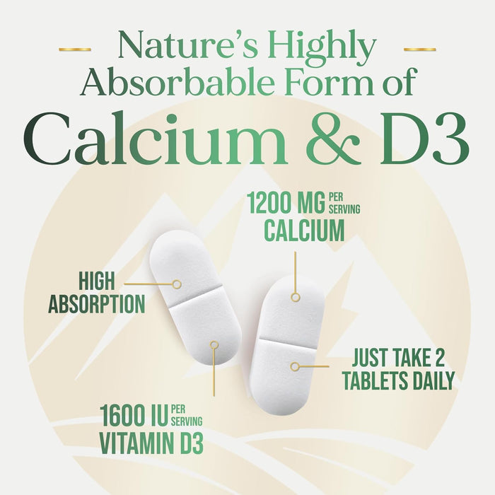Calcium 1200 mg Plus Vitamin D3, Bone Health & Immune Support - Nature's Calcium Supplement with High Potency Vitamin D for Extra Strength Carbonate Absorption Dietary Supplement - 120 Count