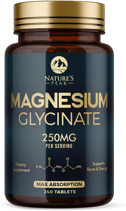 Magnesium Glycinate 250mg - 100% Chelated for Max Absorption, Magnesium Capsules for Bone, Muscle & Heart Health Support, Nature's Magnesium Supplement, Vegan, Gluten Free, Non-GMO - 240 Count