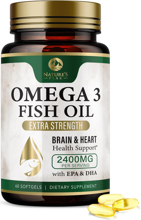 Nature's Peak Fish Oil 2400 mg - Triple Strength Fish Oil Supplement, Omega 3 Fish Oil w/EPA & DHA Fatty Acids for Healthy Heart Support, Burpless Omega 3 Supplements - 60 Count