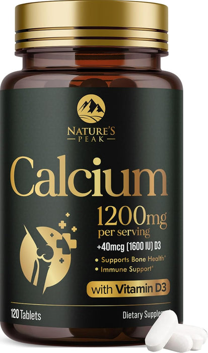 Calcium 1200 mg Plus Vitamin D3, Bone Health & Immune Support - Nature's Calcium Supplement with High Potency Vitamin D for Extra Strength Carbonate Absorption Dietary Supplement - 120 Count