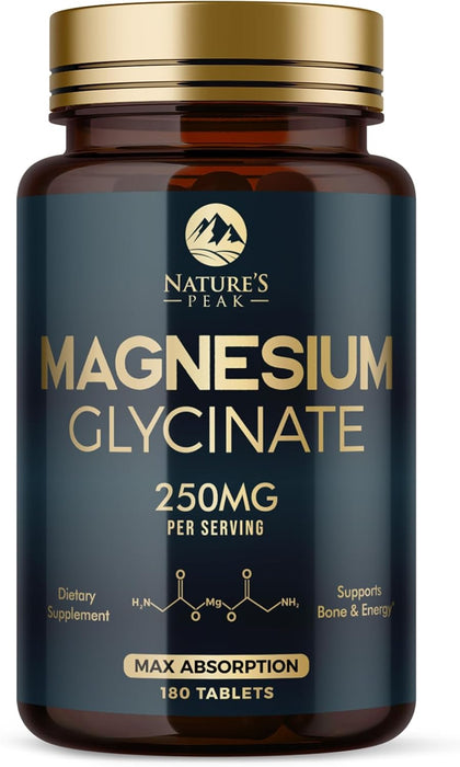 Magnesium Glycinate 250mg - 100% Chelated for Max Absorption, Magnesium Capsules for Bone, Muscle & Heart Health Support, Nature's Magnesium Supplement, Vegan, Gluten Free, Non-GMO - 180 Count