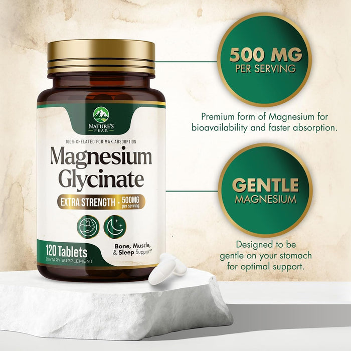 Nature's Magnesium Glycinate 500 mg - High Absorption Magnesium Supplement Pills to Support Heart Health, Muscle, Nerve & Bone Support, Vegan, Non-GMO Dietary Supplement Magnesium Pills - 120 Count