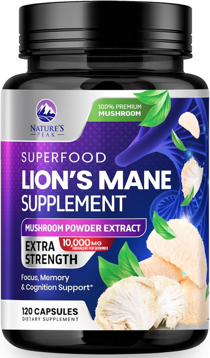 Lions Mane Supplement Mushroom Capsules 10,000mg, Lions Mane Mushroom Supplement Capsules for Memory and Focus Support, Brain, Immune Health Support, Non-GMO Lion’s Mane Powder Extract - 120 Count