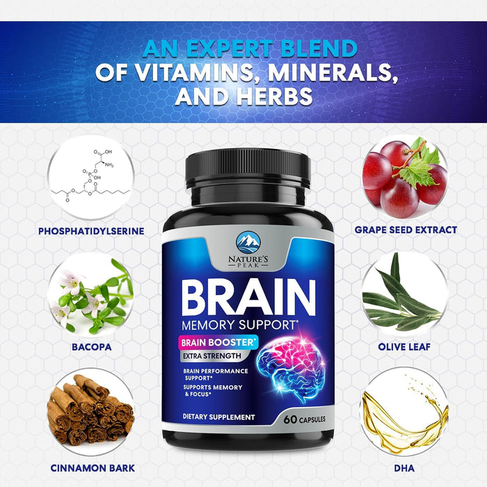 Brain Supplement for Memory and Focus, Nootropic Support for Concentration, Clarity, Energy, Brain Health with Bacopa, Cognitive Vitamins, Phosphatidylserine, DMAE, Nootropics & More - 60 Count