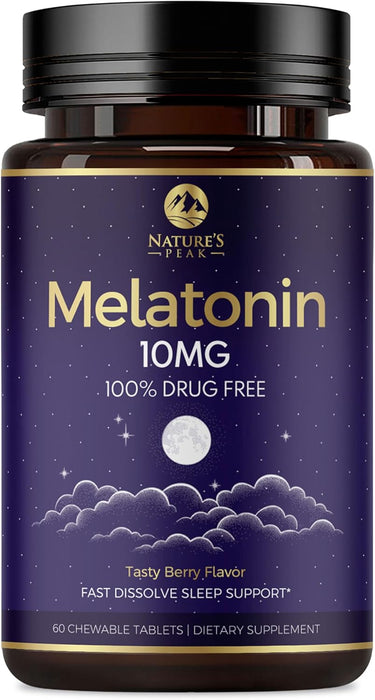 Melatonin 10mg, Strawberry-Flavored Fast Dissolve Tablets for Natural Sleep Support, Maximum Strength Melatonin Dietary Sleep Supplement for Adults, Sugar Free, Vegetarian, Non-GMO - 60 Count