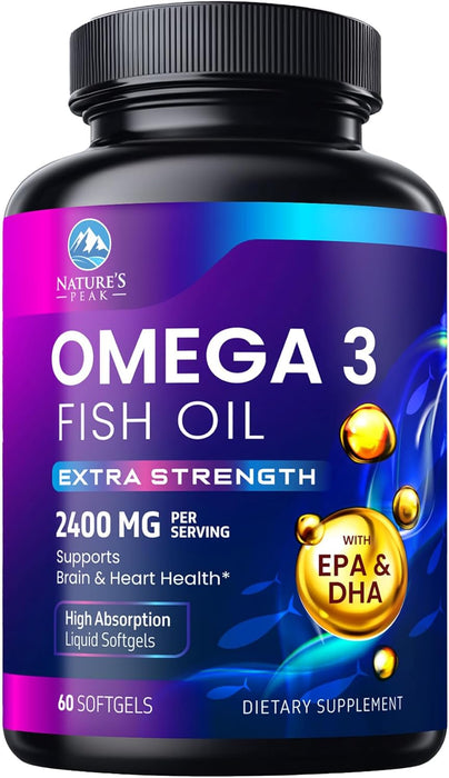 Triple Strength Omega 3 Fish Oil 2400 mg Softgels, Nature's Fish Oil Supplements, Brain & Heart Health Support - EPA & DHA, 1200 MG Fish Oil in Each Softgel, Omega-3 Supplement Softgels - 60 Count