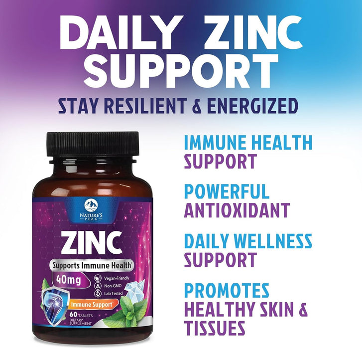 Zinc Supplement 40mg - Immune Support for Women & Men - High Potency Antioxidant, Chelated for Superior Absorption, Dietary Supplement Vitamin for Immune Health Support - 120 Tablets