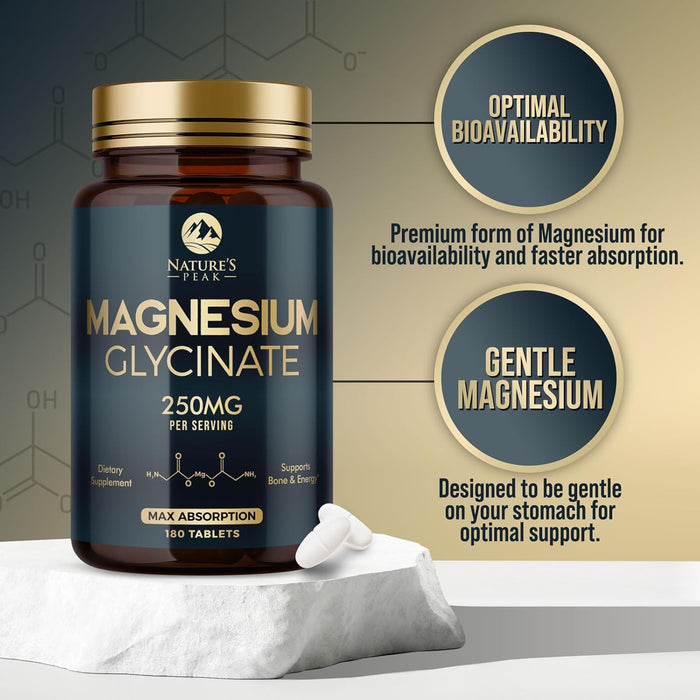 Magnesium Glycinate 250mg - 100% Chelated for Max Absorption, Magnesium Capsules for Bone, Muscle & Heart Health Support, Nature's Magnesium Supplement, Vegan, Gluten Free, Non-GMO - 180 Count