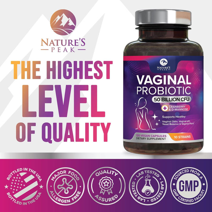 Vaginal Probiotics for Women pH Balance with Prebiotics, 50 Billion CFU, 10 Probiotic Strains, Cranberry, D-Mannose & XOS - Healthy Vaginal Odor & Flora, UT & Feminine Digestive Health - 120 Count