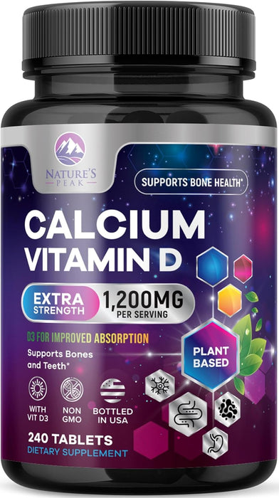 Calcium 1200 mg Plus Vitamin D3, Bone Health & Immune Support - Nature's Calcium Supplement with High Potency Vitamin D for Extra Strength Carbonate Absorption Dietary Supplement - 240 Count