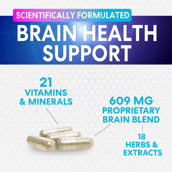 Brain Supplement for Memory and Focus, Nootropic Support for Concentration, Clarity, Energy, Brain Health with Bacopa, Cognitive Vitamins, Phosphatidylserine, DMAE, Nootropics & More - 120 Count