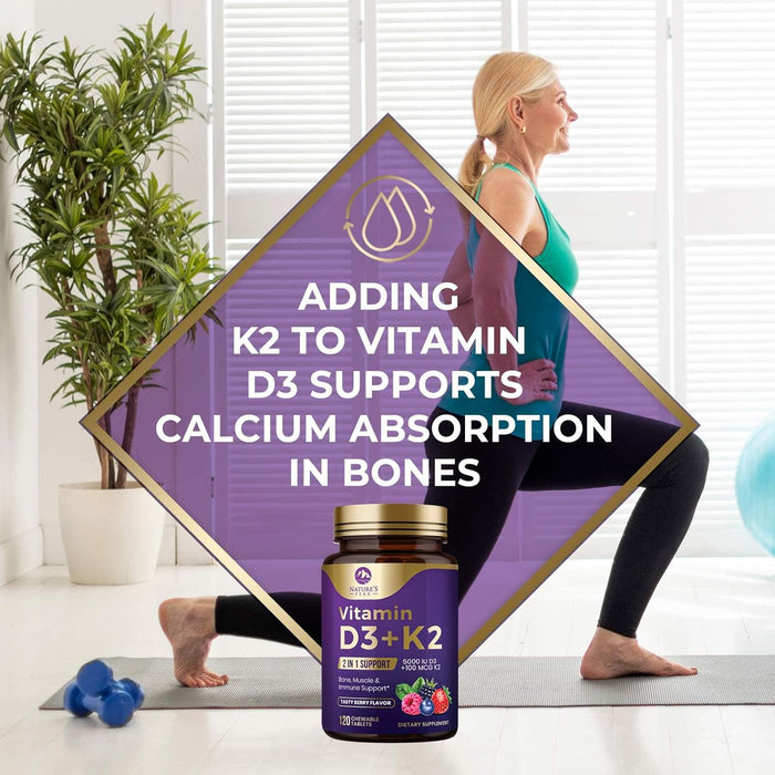 Nature's Peak D3 K2 Vitamin Supplement - 5000iu of D-3 & 100mcg of K2 as MK-7 Supports Calcium Absorption for Joints, Bones & Teeth Plus Immune Support - Non-GMO, Berry Flavor - 120 Count