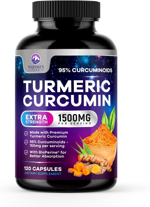 Turmeric Curcumin Supplement 1500mg - 95% Curcuminoids with BioPerine Black Pepper for Best Absorption - Best Natural Vegan Joint Support - Bottled in USA, Non-GMO, Organic Tumeric - 120 Capsules