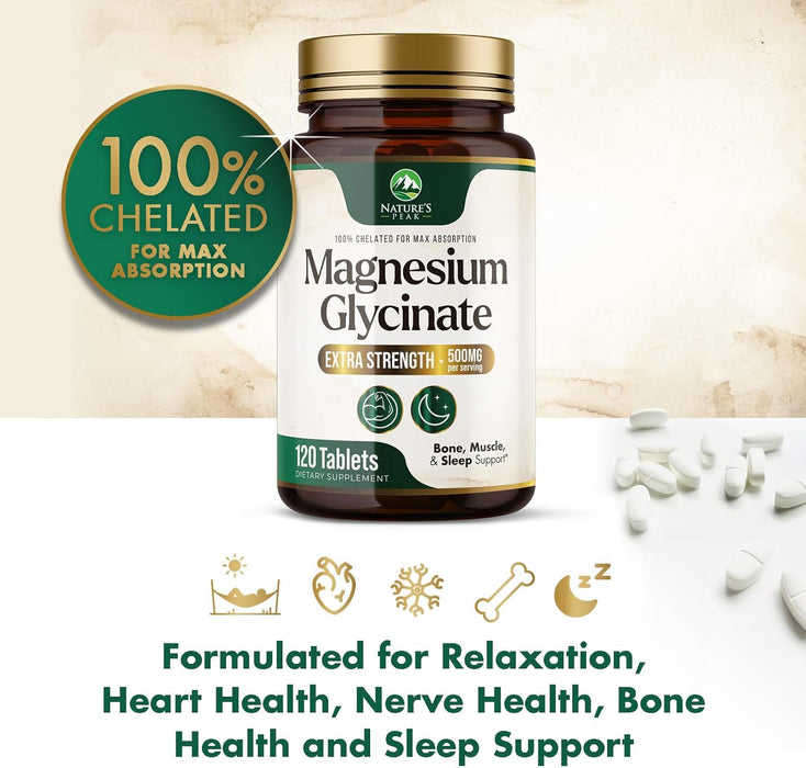 Nature's Magnesium Glycinate 500 mg - High Absorption Magnesium Supplement Pills to Support Heart Health, Muscle, Nerve & Bone Support, Vegan, Non-GMO Dietary Supplement Magnesium Pills - 120 Count