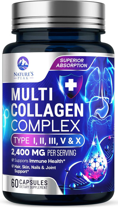 Collagen Peptides for Women & Men - Hydrolyzed Collagen Supplement for Hair, Nail, Skin, Bone and Joint Support, Type I, II, III, V, X, Grass Fed Collagen Powder Pills, Non-GMO - 60 Count