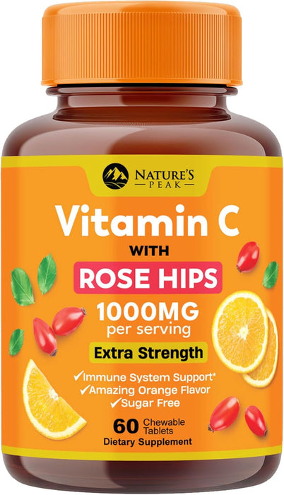 Extra Strength Vitamin C 1000 mg - Chewable Vita C for Powerful Immune Support with Vitamin C & Rose HIPS - Potent Dietary Chewable Vitamin C Supplement, Vegan, Gluten-Free, Non-GMO - 60 Count