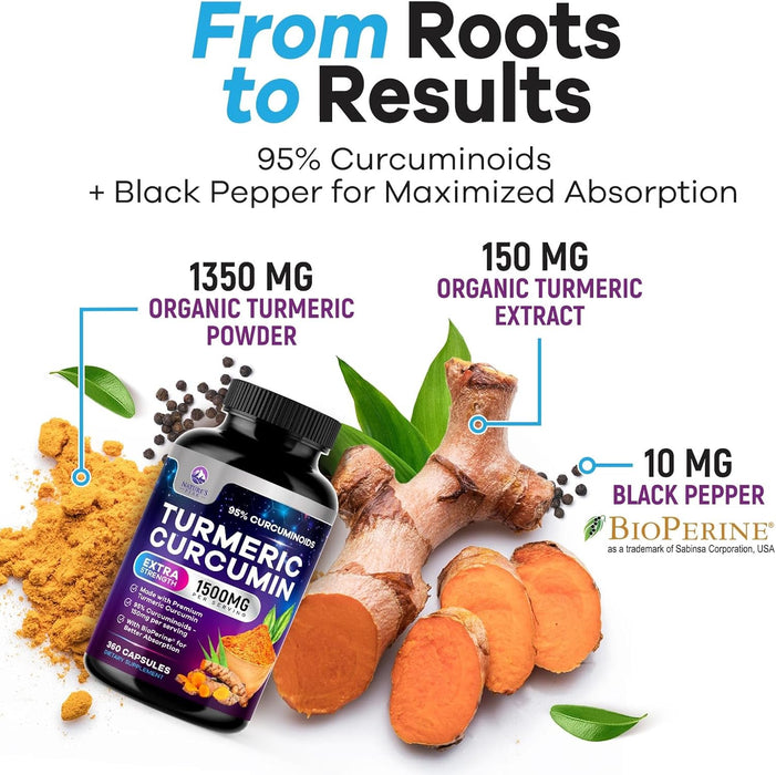 Turmeric Curcumin Supplement 1500mg - 95% Curcuminoids with BioPerine Black Pepper for Best Absorption - Best Natural Vegan Joint Support - Bottled in USA, Non-GMO, Organic Tumeric - 360 Capsules