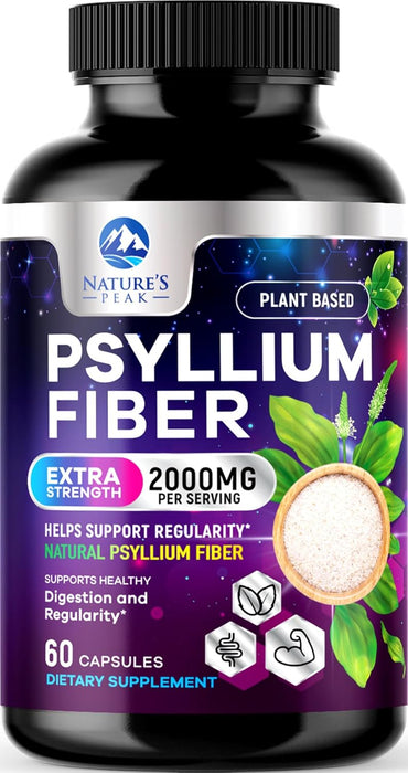 Psyllium Fiber Supplement 1500mg - Non-GMO, Natural Soluble Fiber for Daily Digestive Health & Regularity Support, Prebiotic Psyllium Husk Powder Caps with Plant Based Fiber, Sugar Free - 60 Count
