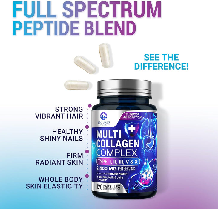 Collagen Peptides for Women & Men - Hydrolyzed Collagen Supplement for Hair, Nail, Skin, Bone and Joint Support, Type I, II, III, V, X, Grass Fed Collagen Powder Pills, Non-GMO - 120 Count
