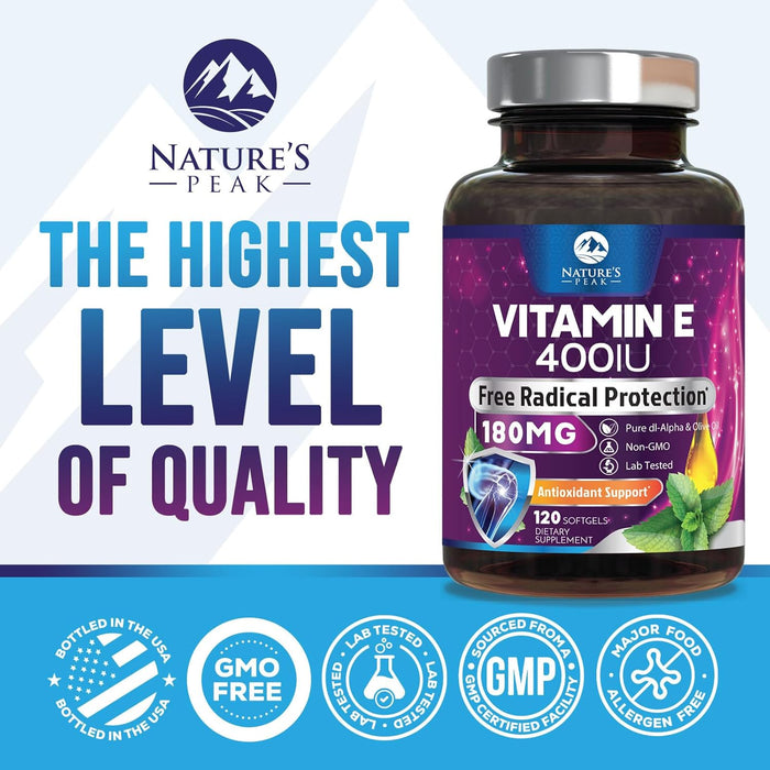 E Vitamin for Women and Men - 180 mg (400 IU) dl-Alpha - Effective Antioxidant Dietary Supplement - Hair, Skin, & Immune Health Support - Easily Absorbed Form, Non-GMO & Gluten Free - 120 Count