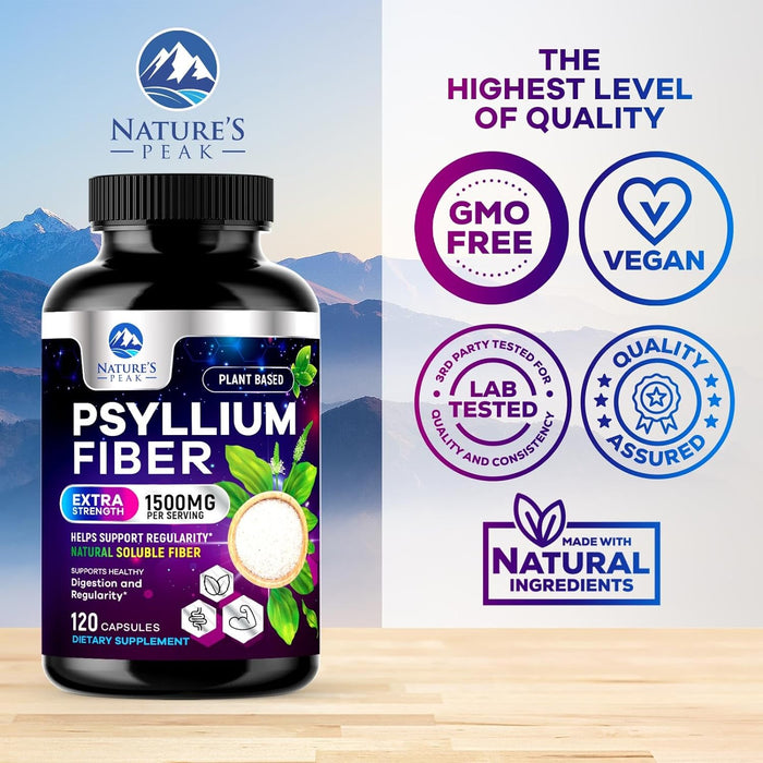 Psyllium Fiber Supplement 1500mg - Non-GMO, Natural Soluble Fiber for Daily Digestive Health & Regularity Support, Prebiotic Psyllium Husk Powder Caps with Plant Based Fiber, Sugar Free - 120 Count