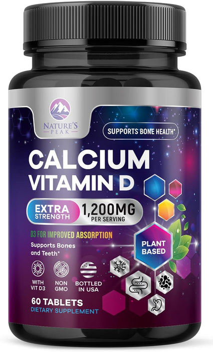 Calcium 1200 mg Plus Vitamin D3, Bone Health & Immune Support - Nature's Calcium Supplement with High Potency Vitamin D for Extra Strength Carbonate Absorption Dietary Supplement - 60 Count