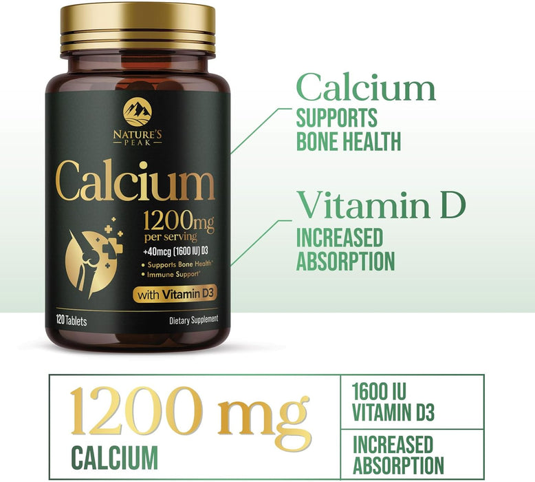 Calcium 1200 mg Plus Vitamin D3, Bone Health & Immune Support - Nature's Calcium Supplement with High Potency Vitamin D for Extra Strength Carbonate Absorption Dietary Supplement - 120 Count