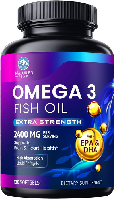 Triple Strength Omega 3 Fish Oil 2400 mg Softgels, Nature's Fish Oil Supplements, Brain & Heart Health Support - EPA & DHA, 1200 MG Fish Oil in Each Softgel, Omega-3 Supplement Softgels - 120 Count