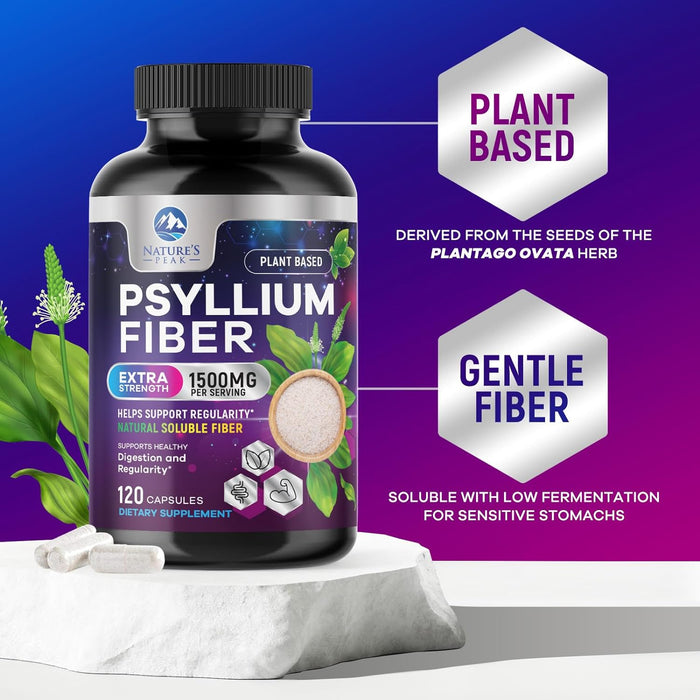Psyllium Fiber Supplement 1500mg - Non-GMO, Natural Soluble Fiber for Daily Digestive Health & Regularity Support, Prebiotic Psyllium Husk Powder Caps with Plant Based Fiber, Sugar Free - 120 Count
