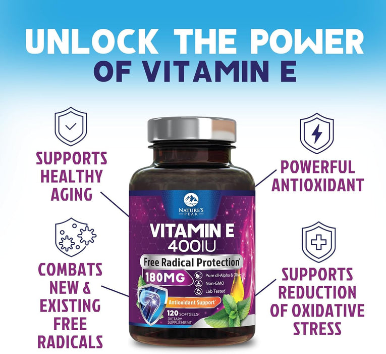 E Vitamin for Women and Men - 180 mg (400 IU) dl-Alpha - Effective Antioxidant Dietary Supplement - Hair, Skin, & Immune Health Support - Easily Absorbed Form, Non-GMO & Gluten Free - 120 Count