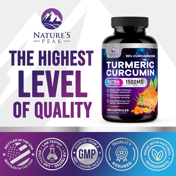 Turmeric Curcumin Supplement 1500mg - 95% Curcuminoids with BioPerine Black Pepper for Best Absorption - Best Natural Vegan Joint Support - Bottled in USA, Non-GMO, Organic Tumeric - 360 Capsules