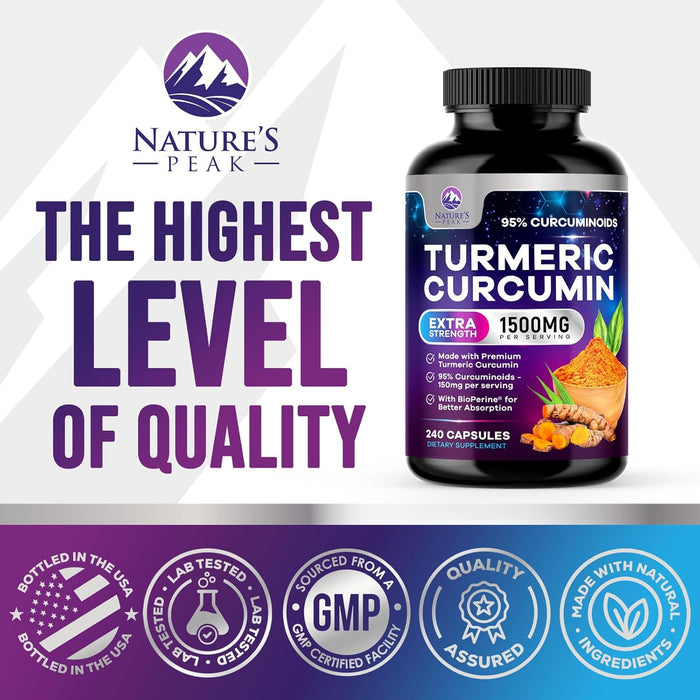 Turmeric Curcumin Supplement 1500mg - 95% Curcuminoids with BioPerine Black Pepper for Best Absorption - Best Natural Vegan Joint Support - Bottled in USA, Non-GMO, Organic Tumeric - 240 Capsules