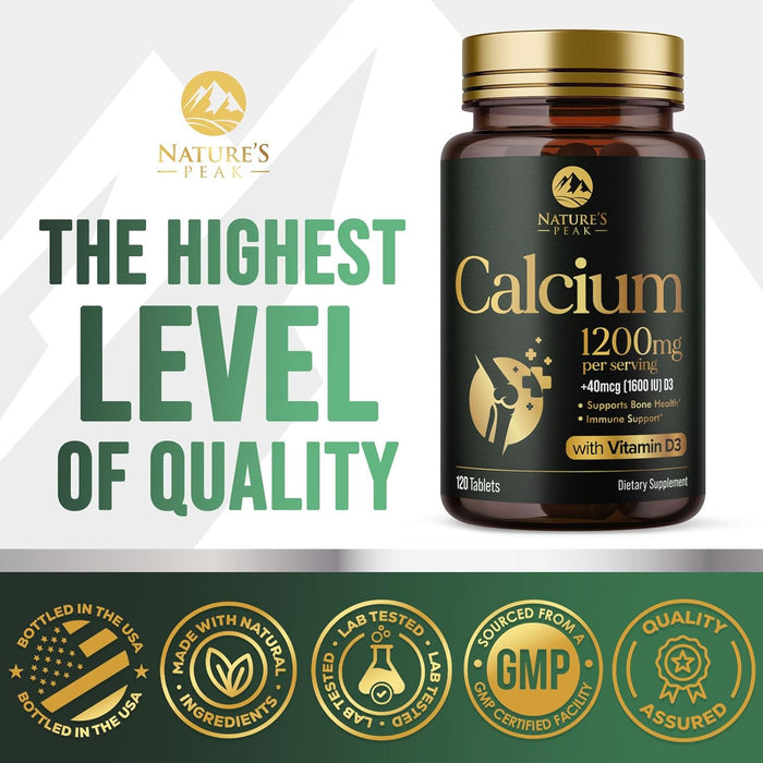 Calcium 1200 mg Plus Vitamin D3, Bone Health & Immune Support - Nature's Calcium Supplement with High Potency Vitamin D for Extra Strength Carbonate Absorption Dietary Supplement - 120 Count