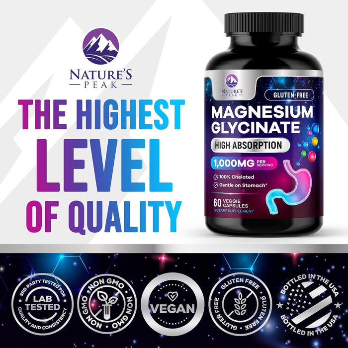 Pure Magnesium Glycinate 1000 mg - Max Absorption Magnesium Supplement for Muscle, Heart, Bone, Energy and Nerve Health Support, Support, Nature's Magnesium Pills for Women & Men - 60 Count