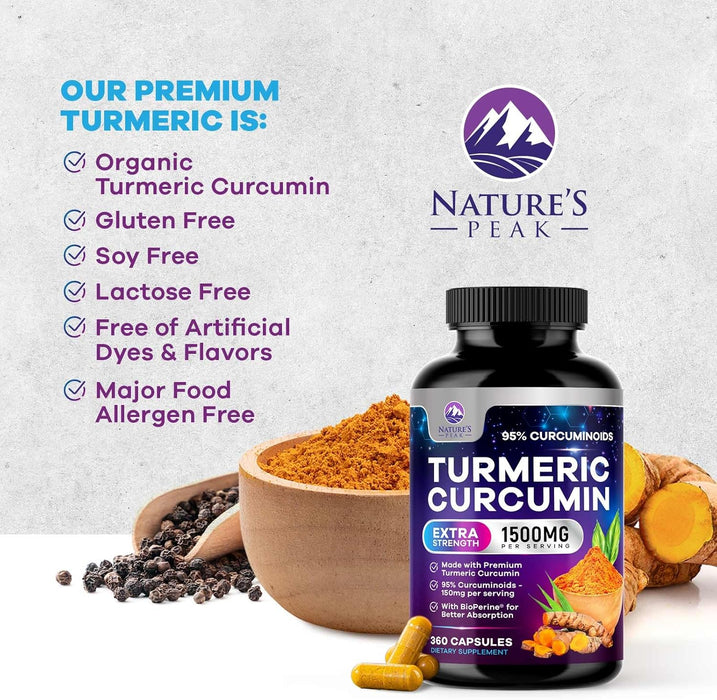 Turmeric Curcumin Supplement 1500mg - 95% Curcuminoids with BioPerine Black Pepper for Best Absorption - Best Natural Vegan Joint Support - Bottled in USA, Non-GMO, Organic Tumeric - 360 Capsules