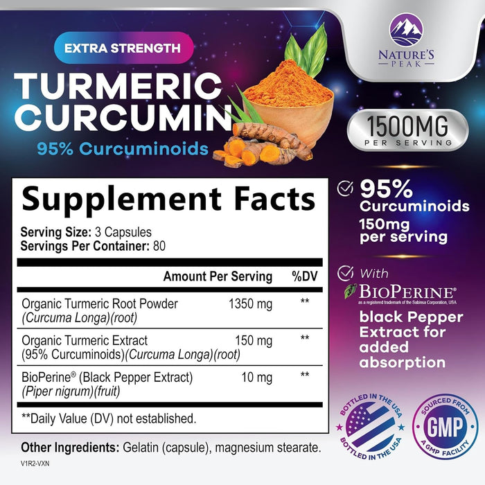 Turmeric Curcumin Supplement 1500mg - 95% Curcuminoids with BioPerine Black Pepper for Best Absorption - Best Natural Vegan Joint Support - Bottled in USA, Non-GMO, Organic Tumeric - 240 Capsules