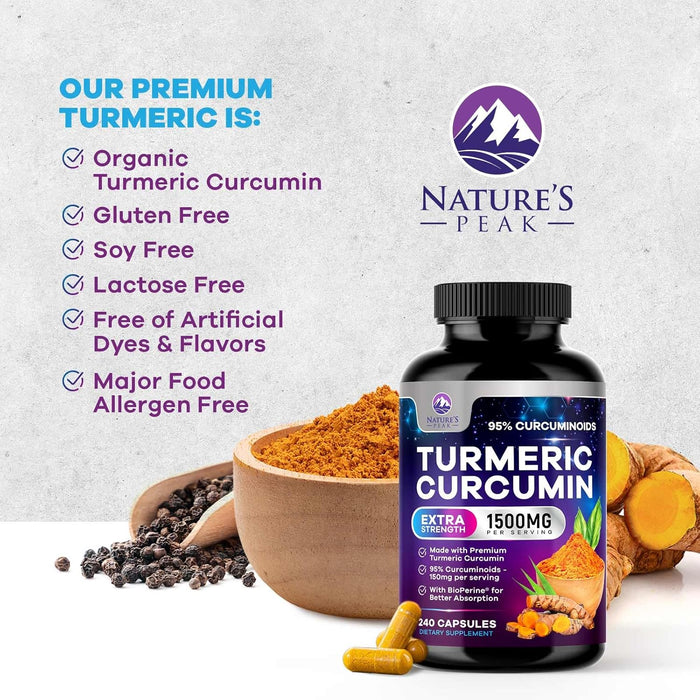Turmeric Curcumin Supplement 1500mg - 95% Curcuminoids with BioPerine Black Pepper for Best Absorption - Best Natural Vegan Joint Support - Bottled in USA, Non-GMO, Organic Tumeric - 240 Capsules