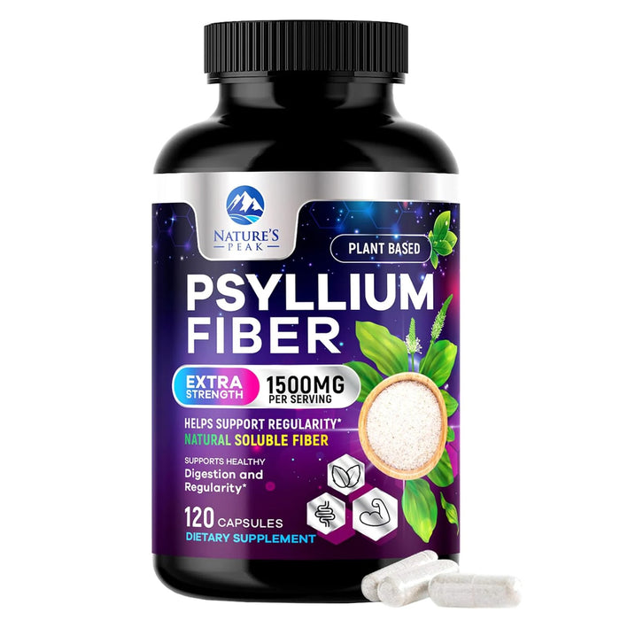 Psyllium Fiber Supplement 1500mg - Non-GMO, Natural Soluble Fiber for Daily Digestive Health & Regularity Support, Prebiotic Psyllium Husk Powder Caps with Plant Based Fiber, Sugar Free - 120 Count