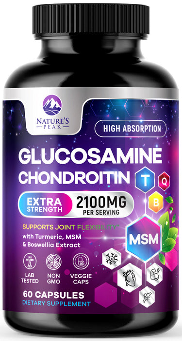 Glucosamine with Chondroitin Turmeric Supplement, Triple Strength Standardized 2100mg with Boswellia & Bromelain - for Joint Support & Comfort - 60 Count