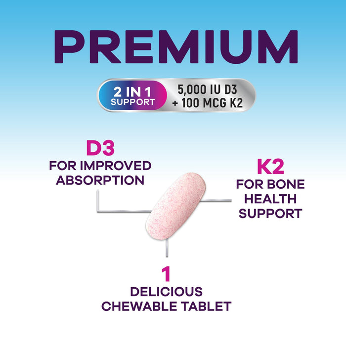 Nature's Peak D3 K2 Vitamin Supplement - 5000iu of D-3 & 100mcg of K2 as MK-7 Supports Calcium Absorption for Joints, Bones & Teeth Plus Immune Support - Non-GMO, Berry Flavor - 120 Count