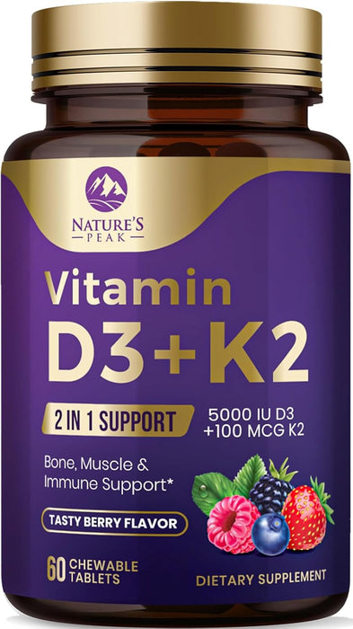 Nature's Peak D3 K2 Vitamin Supplement - 5000iu of D-3 & 100mcg of K2 as MK-7 Supports Calcium Absorption for Joints, Bones & Teeth Plus Immune Support - Non-GMO, Berry Flavor - 60 Count