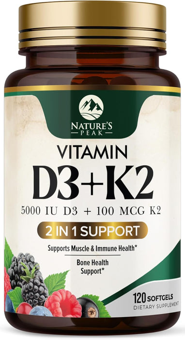 D3 K2 Vitamin 5000 IU | 2-in-1 Vitamin D 5000iu & Mk7 Vitamin K 100 mcg Dietary Supplement for Bone & Immune Support, Bottled in USA, Easy to Swallow, Gluten Free, Non-GMO | 120 D3K2 Complex Softgels
