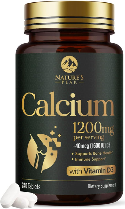 Calcium 1200 mg Plus Vitamin D3, Bone Health & Immune Support - Nature's Calcium Supplement with High Potency Vitamin D for Extra Strength Carbonate Absorption Dietary Supplement