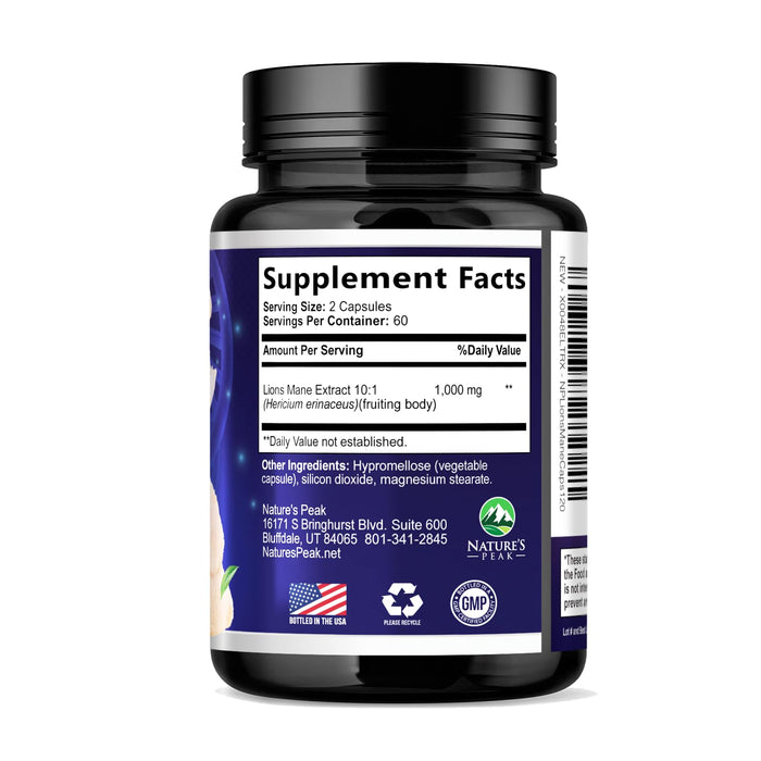 Lions Mane Supplement Mushroom Capsules 10,000mg, Lions Mane Mushroom Supplement Capsules for Memory and Focus Support, Brain, Immune Health Support, Non-GMO Lionâ€™s Mane Powder Extract - 120 Count