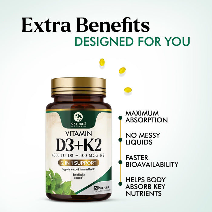 Vitamin D3 + K2 (MK-7) – 5000 IU D3 + 100mcg K2 – 120 D3K2 Complex Softgels