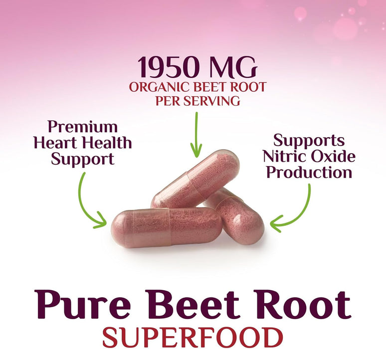 Beet Root Capsules 1950mg - Organic Beetroot Powder in Vegan Capsules - Premium Beet Root Powder Supplement Supports Nitric Oxide Production, Heart Health & Natural Energy - Bottled in USA - 60 Count