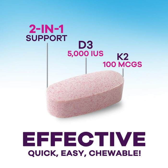 Nature's Peak D3 K2 Vitamin Supplement - 5000iu of D-3 & 100mcg of K2 as MK-7 Supports Calcium Absorption for Joints, Bones & Teeth Plus Immune Support - Non-GMO, Berry Flavor - 120 Count