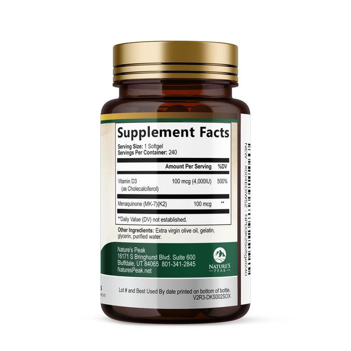 Vitamin D3 + K2 (MK-7) – 5000 IU D3 + 100mcg K2 – 240 D3K2 Complex Softgels