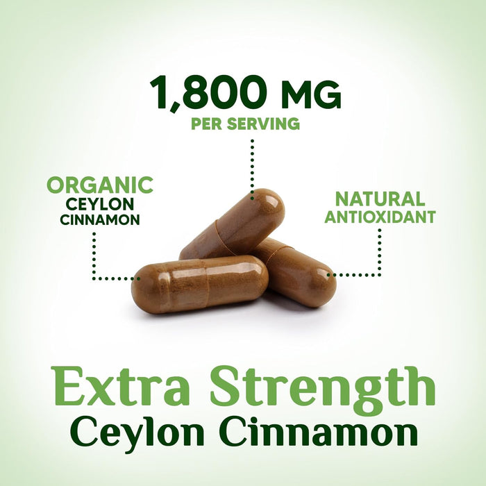 Organic Ceylon Cinnamon Capsules 1800mg - 3X Strength, Certified Organic Ceylon Cinnamon Powder Supplement - Metabolism Support, Antioxidant Pills, Gluten Free, Non-GMO, Bottled in USA - 120 Capsules